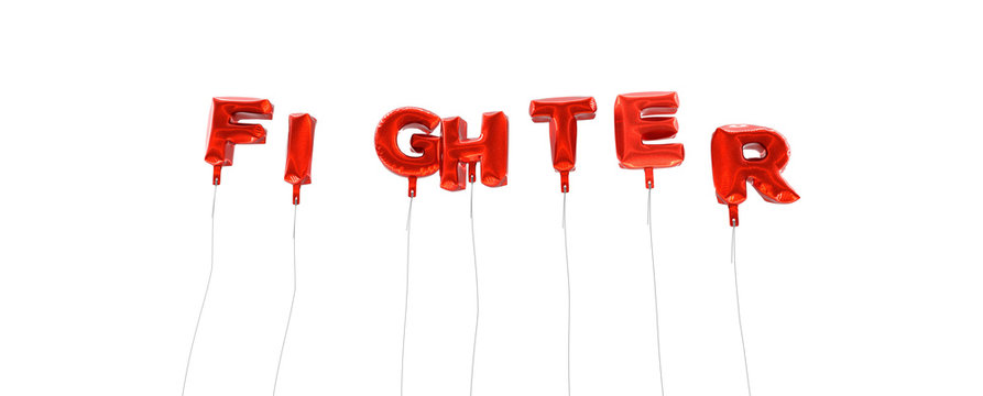 FIGHTER - word made from red foil balloons - 3D rendered.  Can be used for an online banner ad or a print postcard.