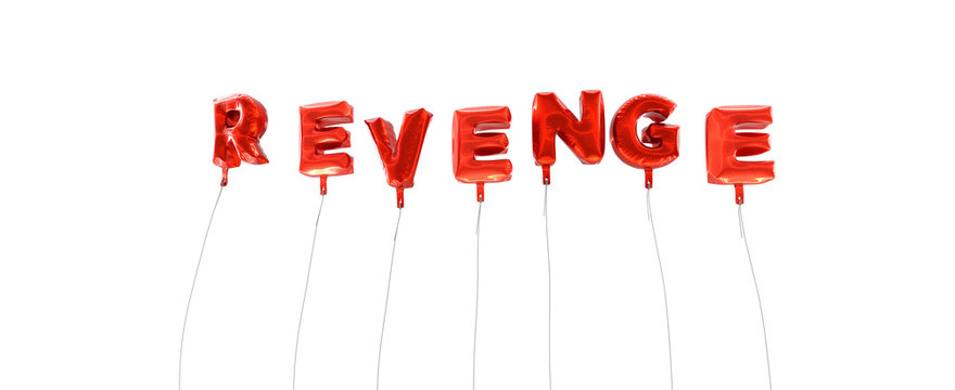 REVENGE - word made from red foil balloons - 3D rendered.  Can be used for an online banner ad or a print postcard.