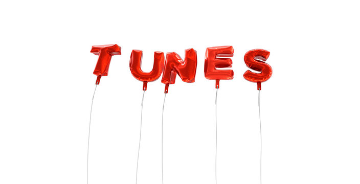 TUNES - word made from red foil balloons - 3D rendered.  Can be used for an online banner ad or a print postcard.