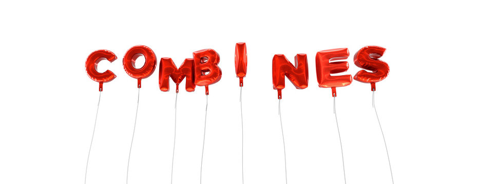 COMBINES - word made from red foil balloons - 3D rendered.  Can be used for an online banner ad or a print postcard.