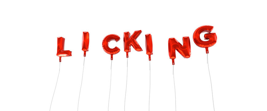LICKING - word made from red foil balloons - 3D rendered.  Can be used for an online banner ad or a print postcard.