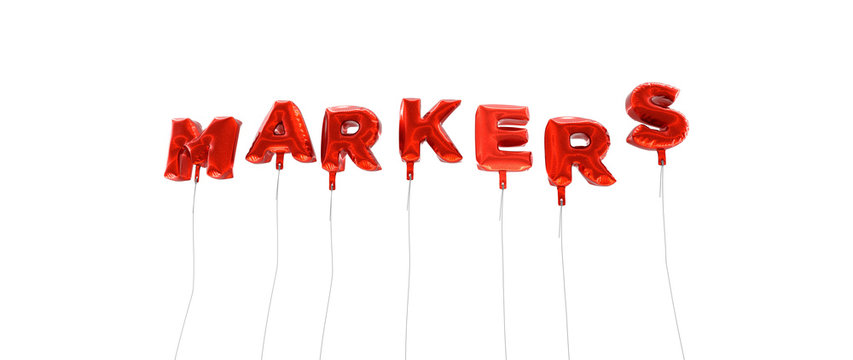 MARKERS - word made from red foil balloons - 3D rendered.  Can be used for an online banner ad or a print postcard.