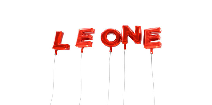 LEONE - word made from red foil balloons - 3D rendered.  Can be used for an online banner ad or a print postcard.