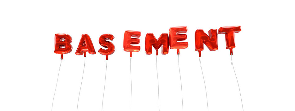 BASEMENT - word made from red foil balloons - 3D rendered.  Can be used for an online banner ad or a print postcard.