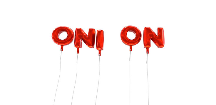 ONION - word made from red foil balloons - 3D rendered.  Can be used for an online banner ad or a print postcard.