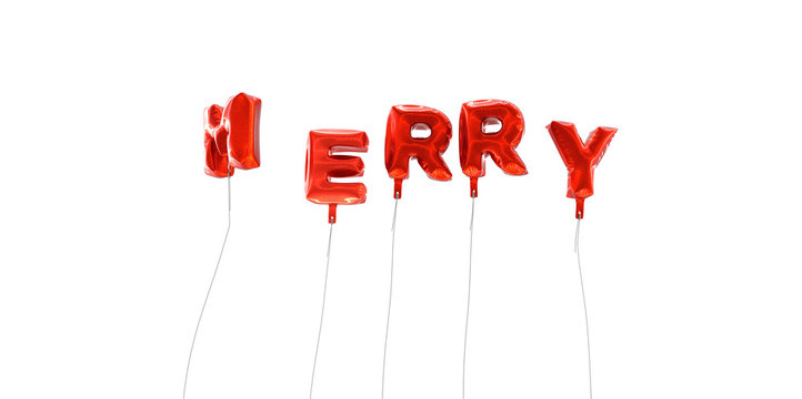 MERRY - word made from red foil balloons - 3D rendered.  Can be used for an online banner ad or a print postcard.