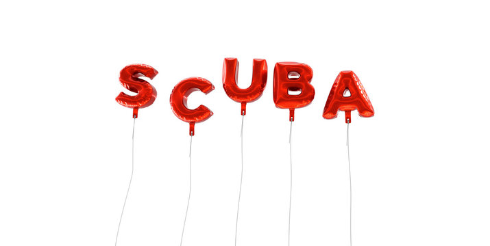 SCUBA - word made from red foil balloons - 3D rendered.  Can be used for an online banner ad or a print postcard.
