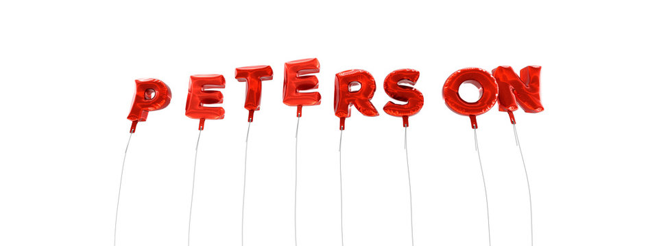 PETERSON - word made from red foil balloons - 3D rendered.  Can be used for an online banner ad or a print postcard.