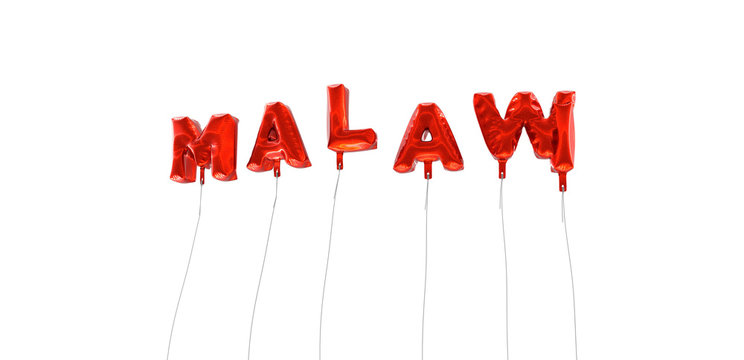 MALAWI - word made from red foil balloons - 3D rendered.  Can be used for an online banner ad or a print postcard.