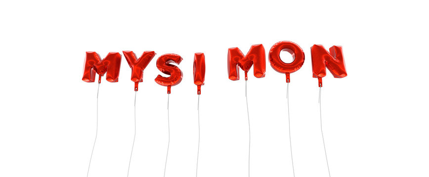 MYSIMON - word made from red foil balloons - 3D rendered.  Can be used for an online banner ad or a print postcard.