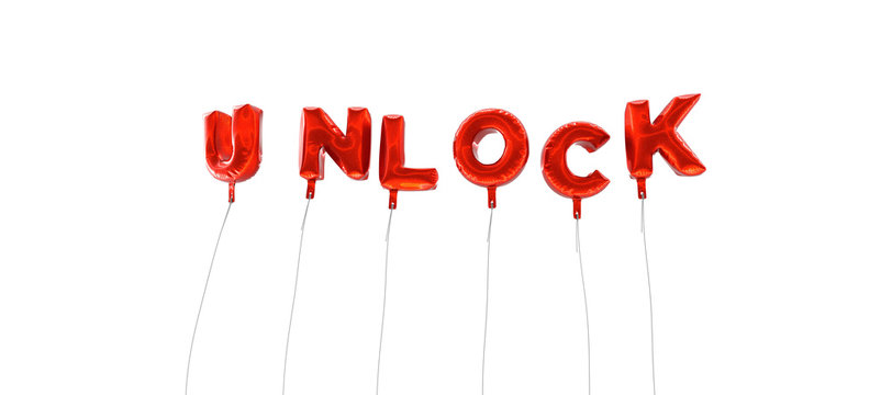 UNLOCK - word made from red foil balloons - 3D rendered.  Can be used for an online banner ad or a print postcard.