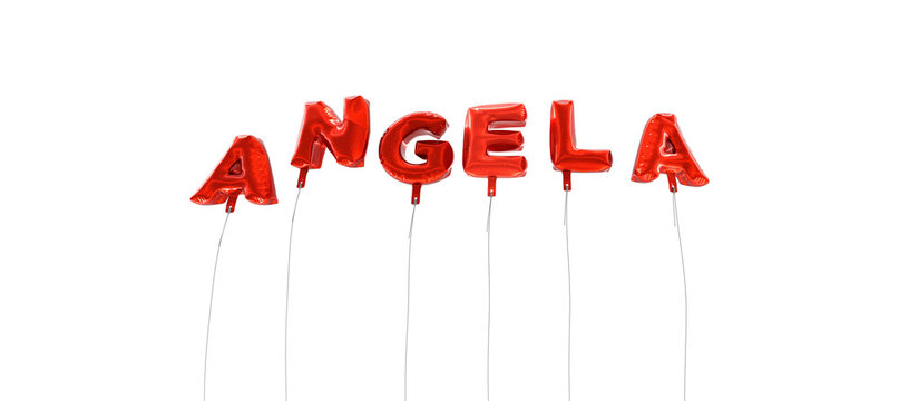 ANGELA - word made from red foil balloons - 3D rendered.  Can be used for an online banner ad or a print postcard.