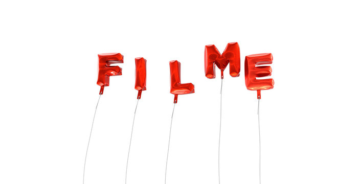 FILME - word made from red foil balloons - 3D rendered.  Can be used for an online banner ad or a print postcard.