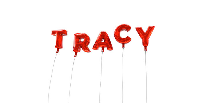 TRACY - word made from red foil balloons - 3D rendered.  Can be used for an online banner ad or a print postcard.