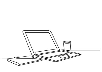 Poster - continuous line drawing of desk laptop computer pen