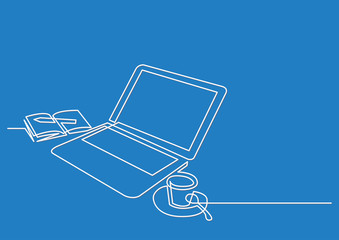 Poster - continuous line drawing of laptop computer coffee