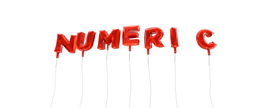 NUMERIC - word made from red foil balloons - 3D rendered.  Can be used for an online banner ad or a print postcard.