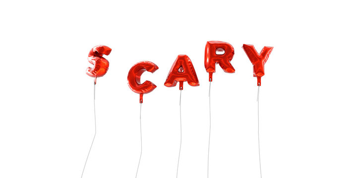 SCARY - word made from red foil balloons - 3D rendered.  Can be used for an online banner ad or a print postcard.