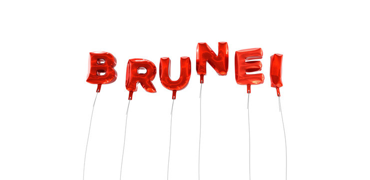 BRUNEI - word made from red foil balloons - 3D rendered.  Can be used for an online banner ad or a print postcard.