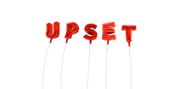 UPSET - word made from red foil balloons - 3D rendered.  Can be used for an online banner ad or a print postcard.