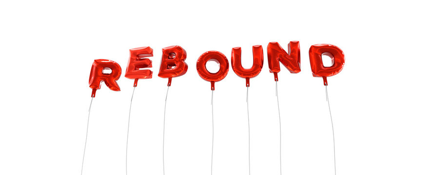 REBOUND - word made from red foil balloons - 3D rendered.  Can be used for an online banner ad or a print postcard.