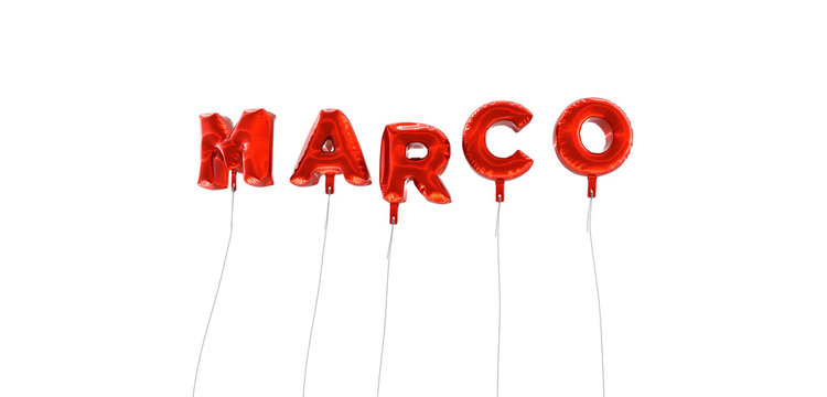 MARCO - word made from red foil balloons - 3D rendered.  Can be used for an online banner ad or a print postcard.