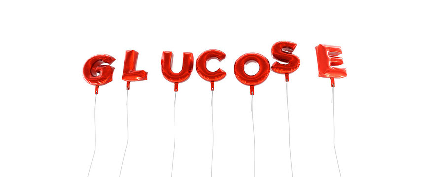 GLUCOSE - word made from red foil balloons - 3D rendered.  Can be used for an online banner ad or a print postcard.