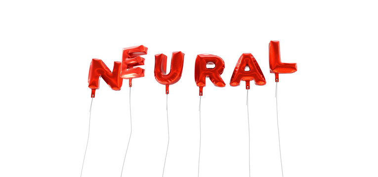 NEURAL - word made from red foil balloons - 3D rendered.  Can be used for an online banner ad or a print postcard.