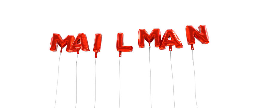 MAILMAN - word made from red foil balloons - 3D rendered.  Can be used for an online banner ad or a print postcard.