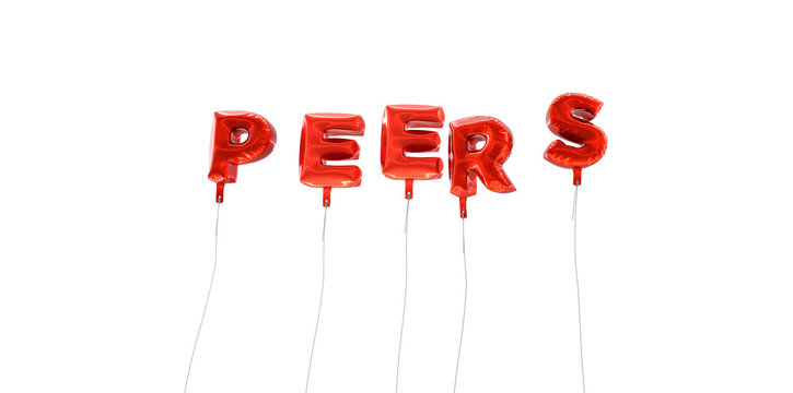 PEERS - word made from red foil balloons - 3D rendered.  Can be used for an online banner ad or a print postcard.