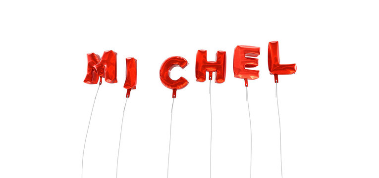 MICHEL - word made from red foil balloons - 3D rendered.  Can be used for an online banner ad or a print postcard.