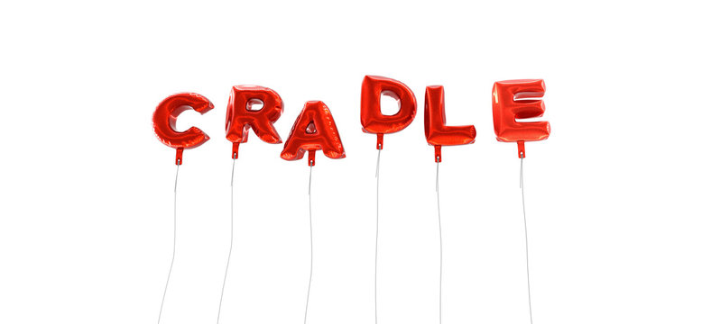 CRADLE - word made from red foil balloons - 3D rendered.  Can be used for an online banner ad or a print postcard.