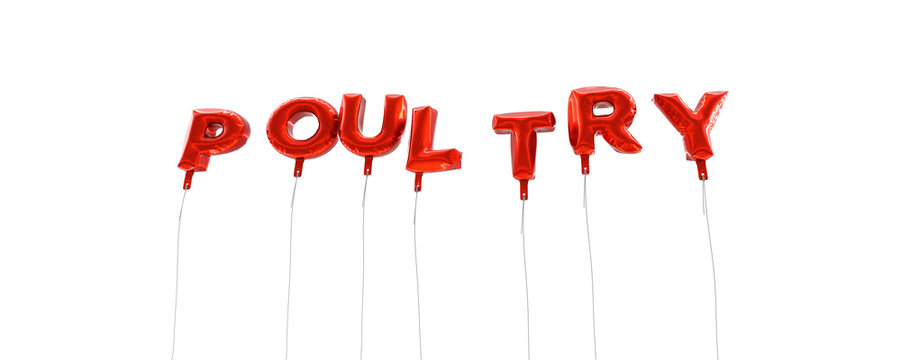 POULTRY - word made from red foil balloons - 3D rendered.  Can be used for an online banner ad or a print postcard.
