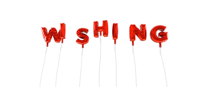 WISHING - word made from red foil balloons - 3D rendered.  Can be used for an online banner ad or a print postcard.