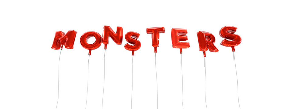 MONSTERS - word made from red foil balloons - 3D rendered.  Can be used for an online banner ad or a print postcard.