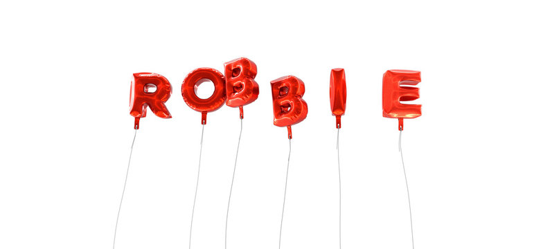 ROBBIE - word made from red foil balloons - 3D rendered.  Can be used for an online banner ad or a print postcard.