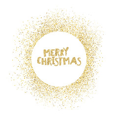 Poster - Merry Chruistmas postcard. Gold sparkles on white background.