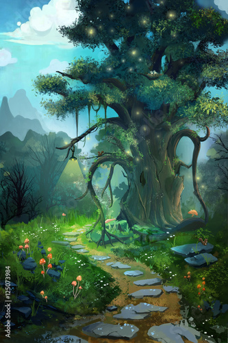 magiczne-drzewo-wieczorowa-pora-oswietlone-swiatlem-malych-swietlikow