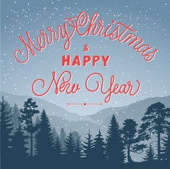 Red Merry Christmas Lettering and Forest