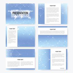 Poster - Set of vector templates for presentation slides with world map. Brochure, Leaflet, flyer, cover magazine or annual report. Modern business, science, medicine design. Abstract background with molecule.