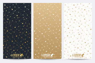 Poster - Modern golden set of vector flyers. Modern stylish polygonal pattern with connected line and dots. Molecule and communication background for medicine, science, technology, chemistry.