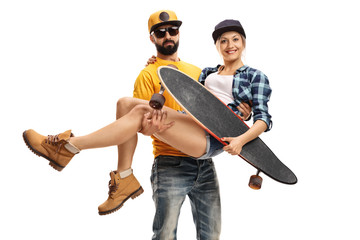 Poster - Bearded man carrying a female skater with a longboard