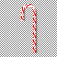 Realistic Xmas Candy Cane Isolated On Transparent Backdrop. Vector Illustration. Top View On Icon. Template For Greeting Card On Christmas And New Year.