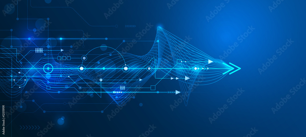 Vector Abstract futuristic circuit board and mesh line, Illustration high computer and Communication technology on blue color background. High tech digital technology, global social media concept - obrazy, fototapety, plakaty 