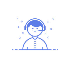 Fototapete - Vector illustration of icon shopping concept support in line style. Linear blue woman with headphones. Design for internet, banner, web page and mobile app. Outline object e-commerce.