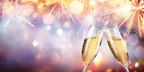 Congratulation With Champagne - Toast With Flutes And Fireworks
