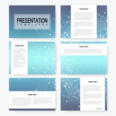 Poster - Blue set of vector presentation templates with molecule structure. Business and scientific design for cover brochure flyer leaflet marketing advertising.