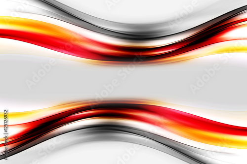 Obraz w ramie Red black yellow waves art. Blurred effect grey background. Abstract creative graphic design. Decorative fractal style.