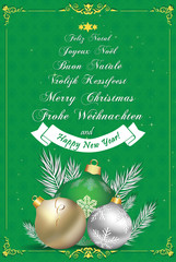 Wall Mural - Christmas Wishes in many languages.Greeting card with snowflakes pattern and text in many languages: German, English, Dutch, Italian, French and Spanish. Print colors used. Size of custom postcard.