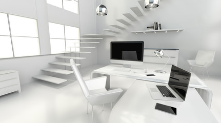 Poster - Modern white office interior with computer and devices 3D render